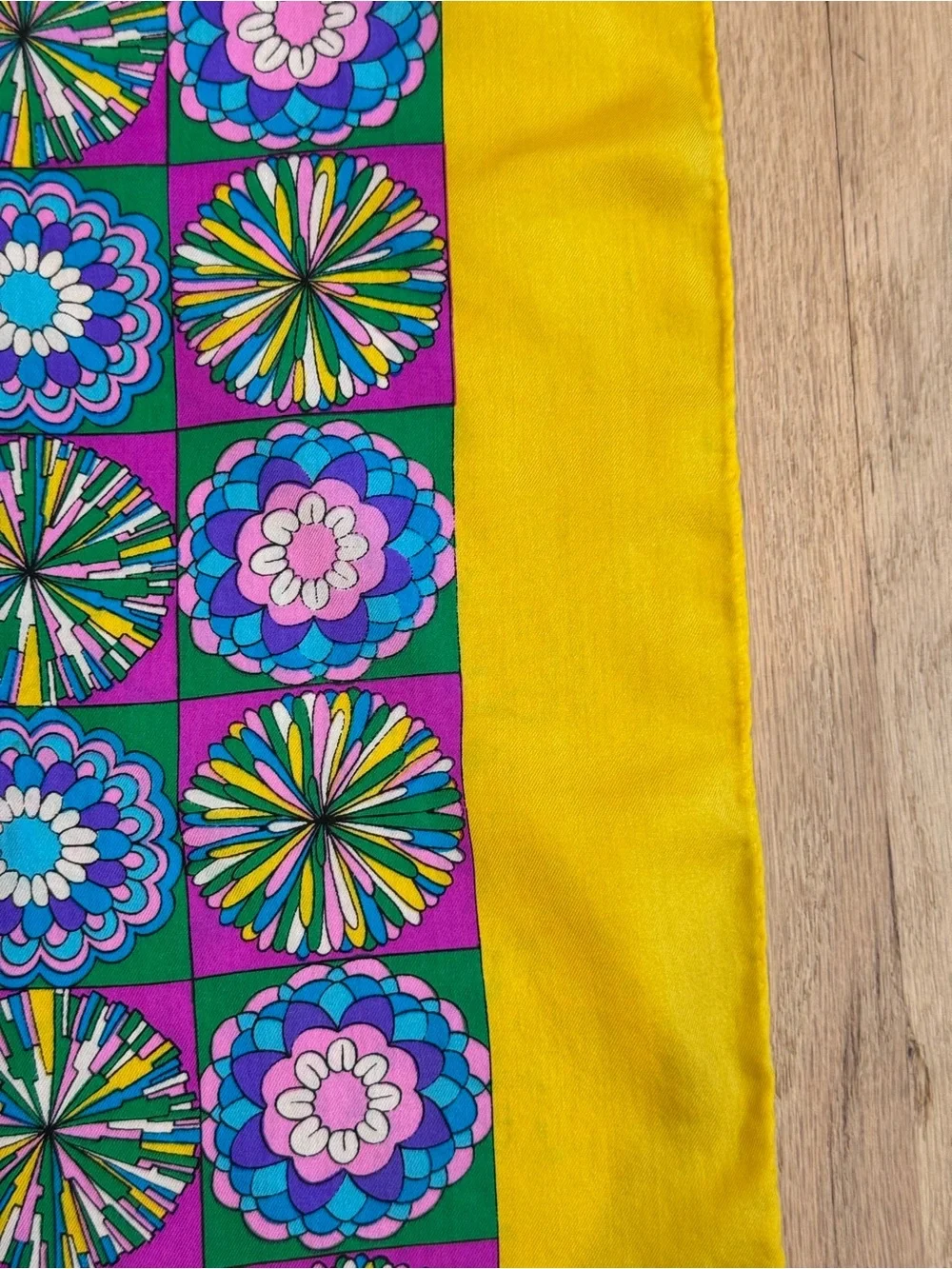 Schiaparelli Bright Yellow Purple Mod Silk Scarf 23” x 23” retro vintage